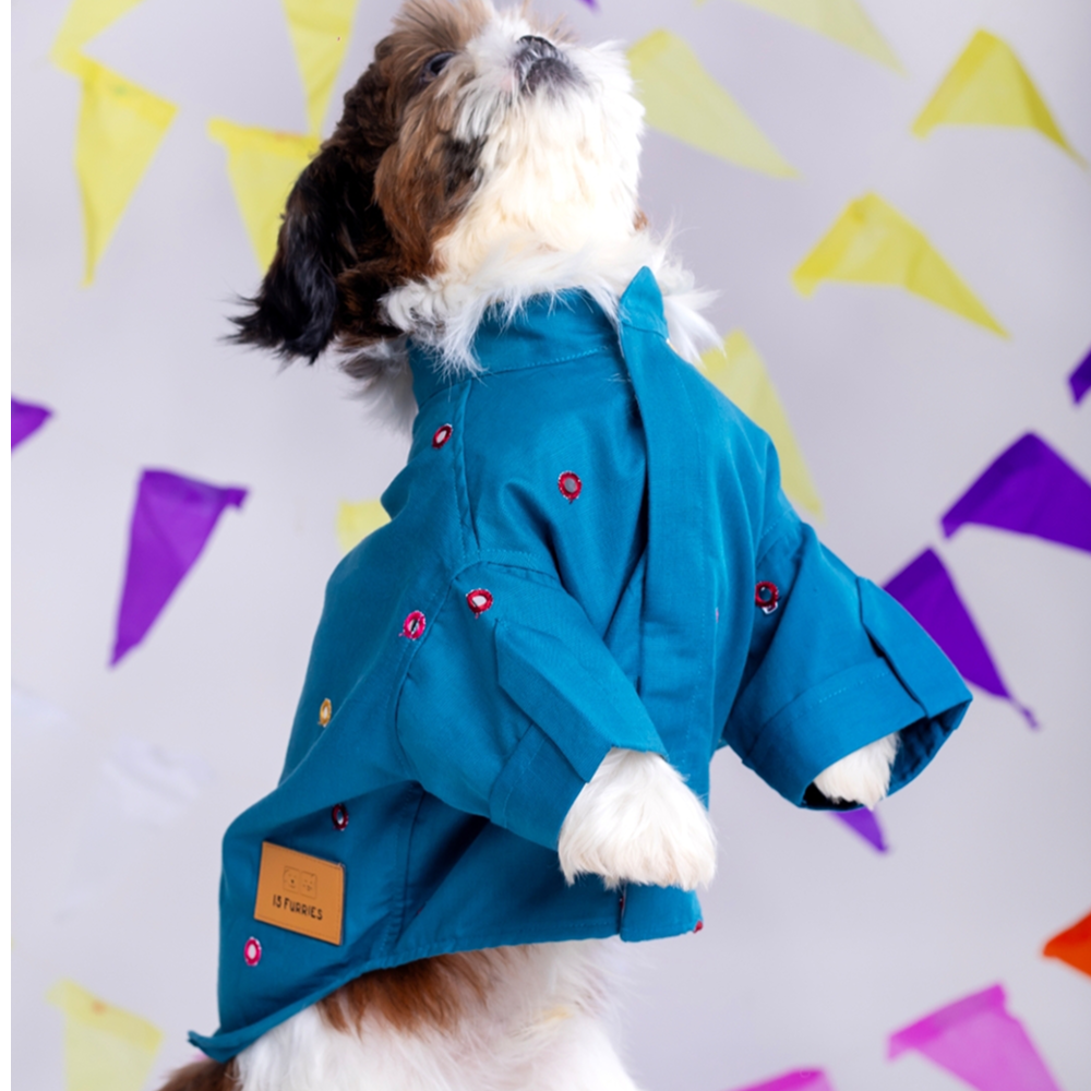 15 Furries Mirrorwork Kurta for Dogs (Teal Blue)