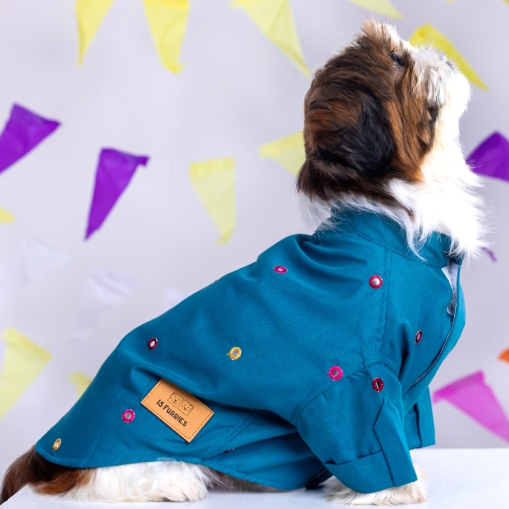 15 Furries Mirrorwork Kurta for Dogs (Teal Blue)