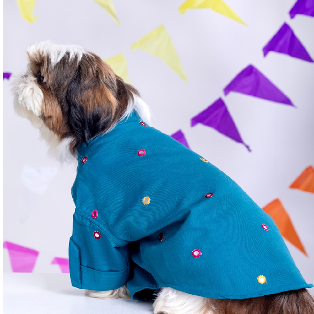 15 Furries Mirrorwork Kurta for Dogs (Teal Blue)