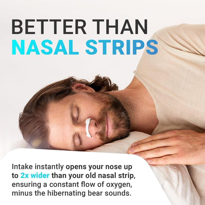 Man sleeping with a device on his nose, text about nasal strips and product benefits.