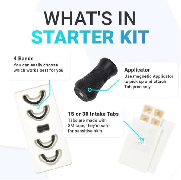 Starter kit components including bands, an applicator, and intake tabs on a white background.