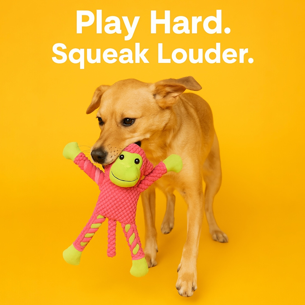 Talking Dog Club Monkey on Ropes with Multiple Squeaker Toy for Dogs (Pink)