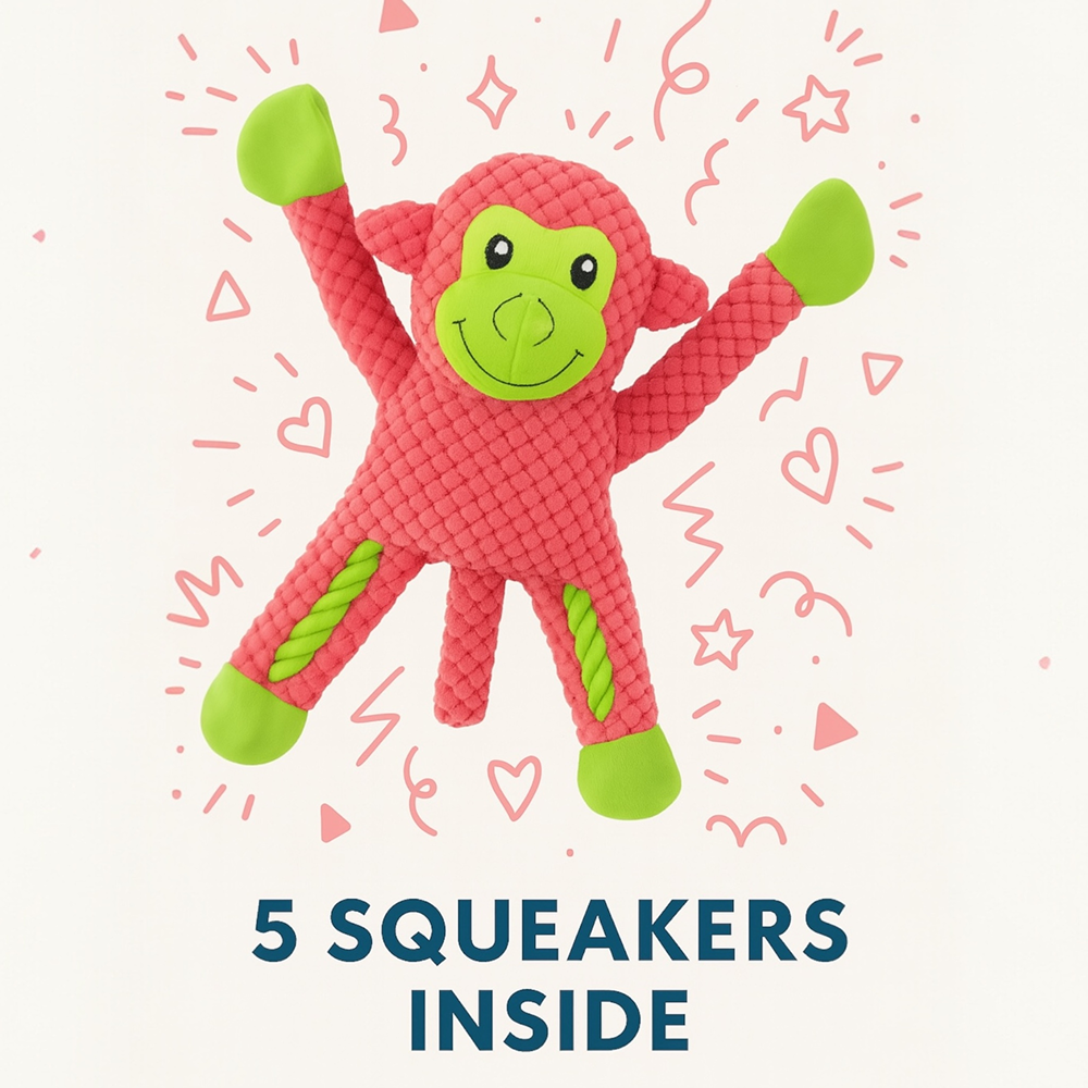 Talking Dog Club Monkey on Ropes with Multiple Squeaker Toy for Dogs (Pink)