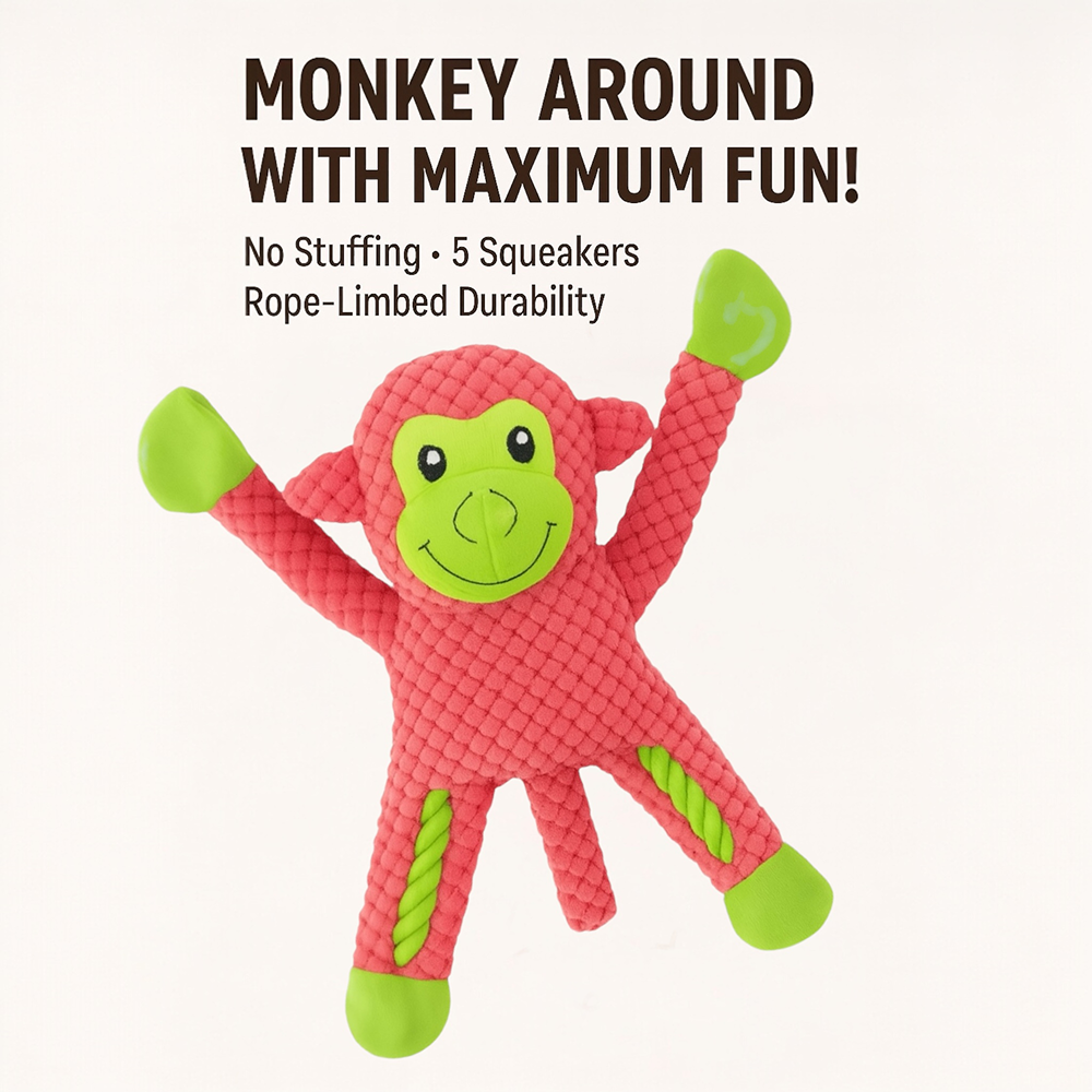 Talking Dog Club Monkey on Ropes with Multiple Squeaker Toy for Dogs (Pink)
