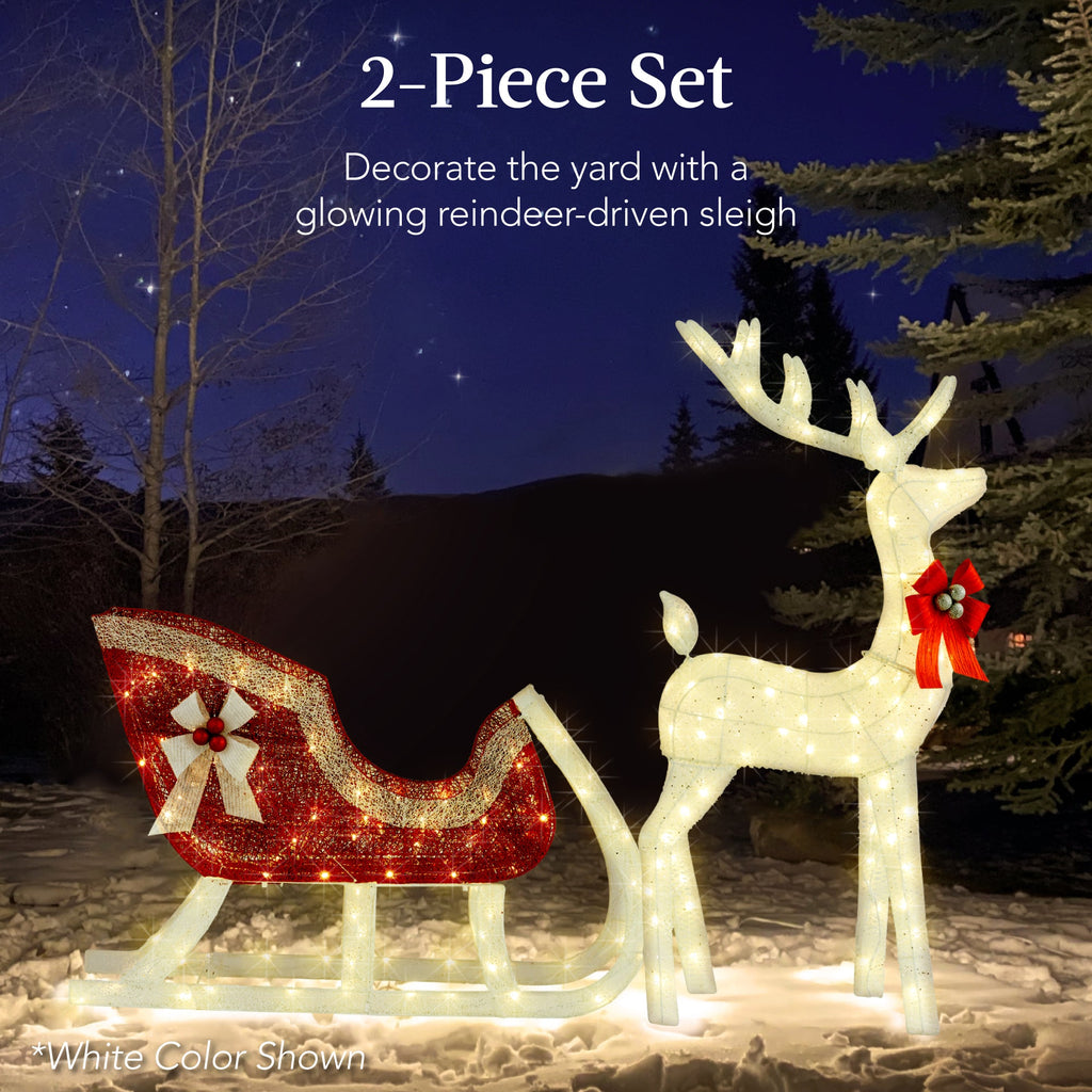 Lighted Christmas Reindeer & Sleigh Outdoor Decor Set w/ LED Lights