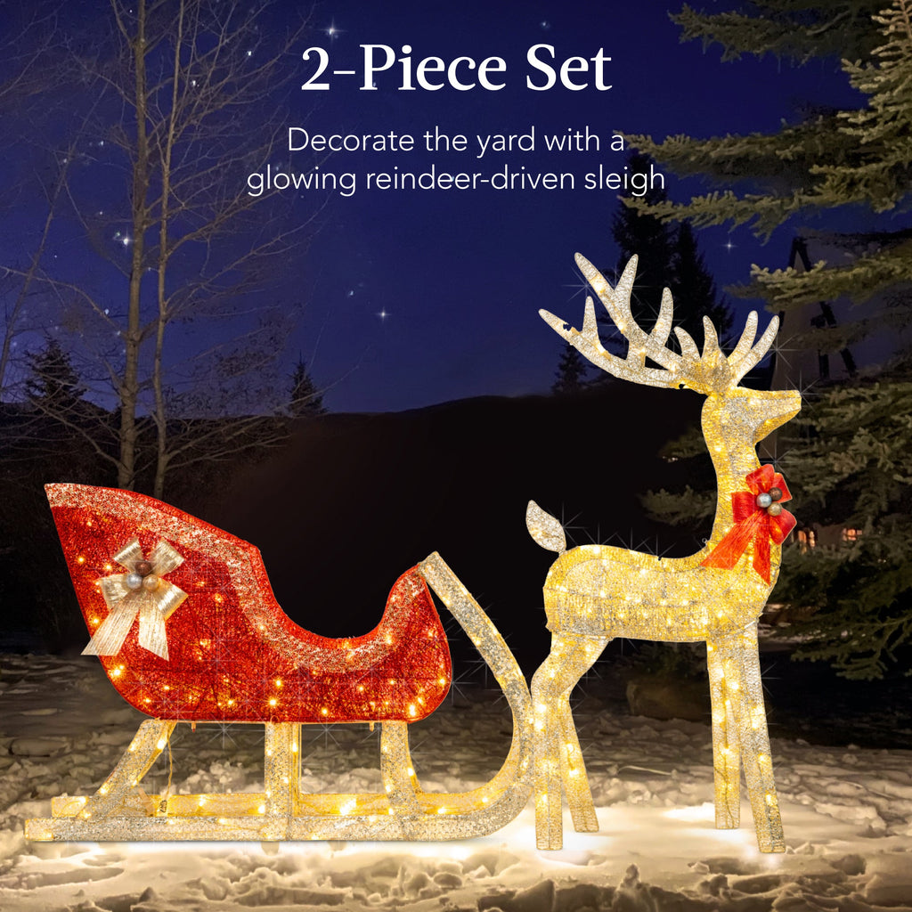 XL Lighted Christmas Reindeer & Sleigh Outdoor Decor Set w/ LED Lights