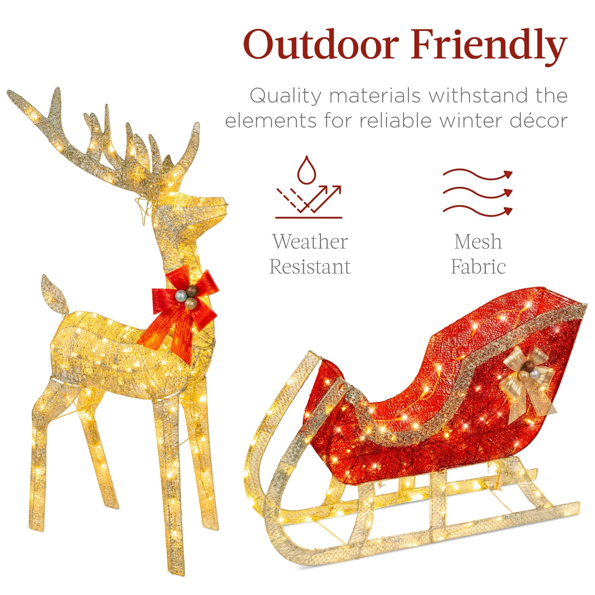 XL Lighted Christmas Reindeer & Sleigh Outdoor Decor Set w/ LED Lights