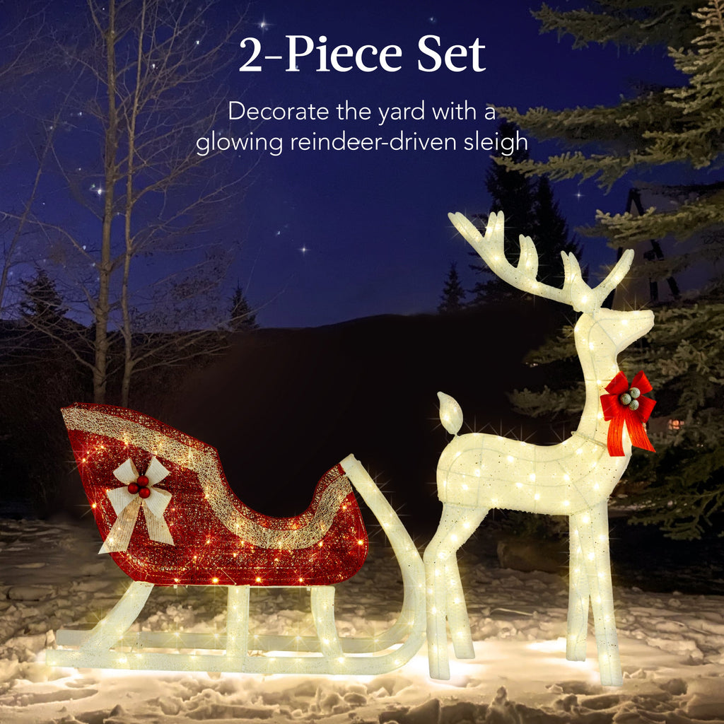 XL Lighted Christmas Reindeer & Sleigh Outdoor Decor Set w/ LED Lights