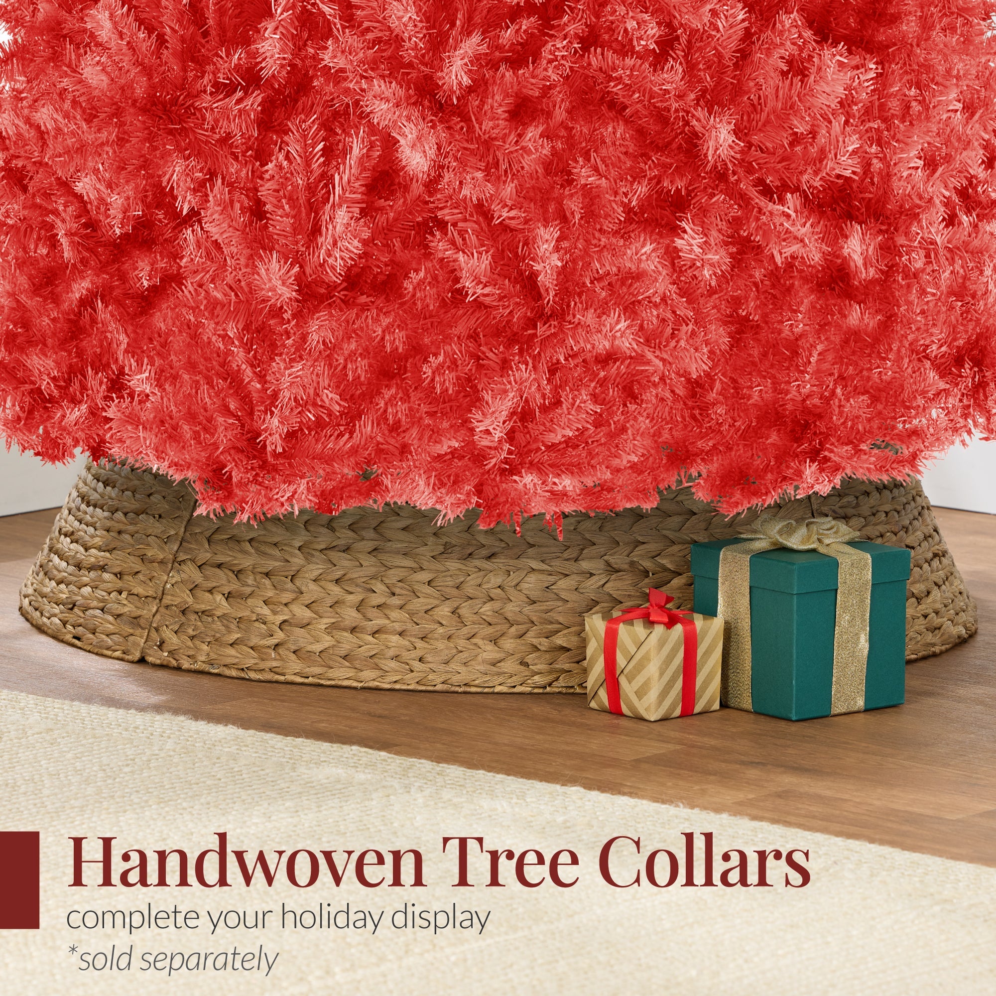 Artificial Red Christmas Tree, Unlit Pine Design w/Easy Assembly