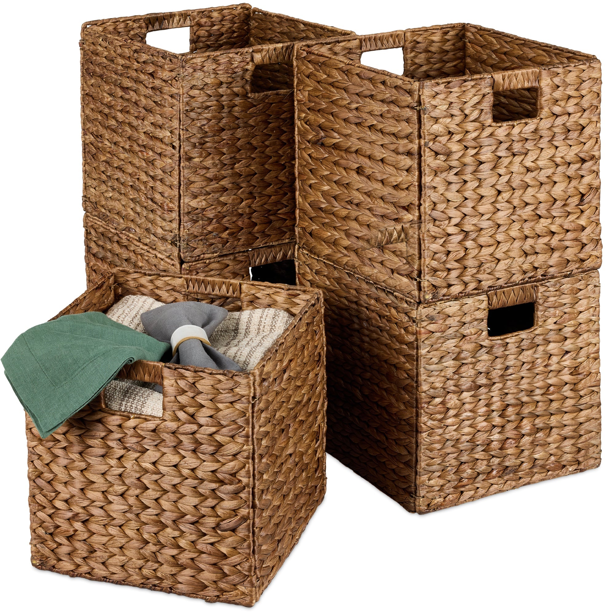 Set of 5 Collapsible Hyacinth Storage Baskets w/ Inserts - 12x12in