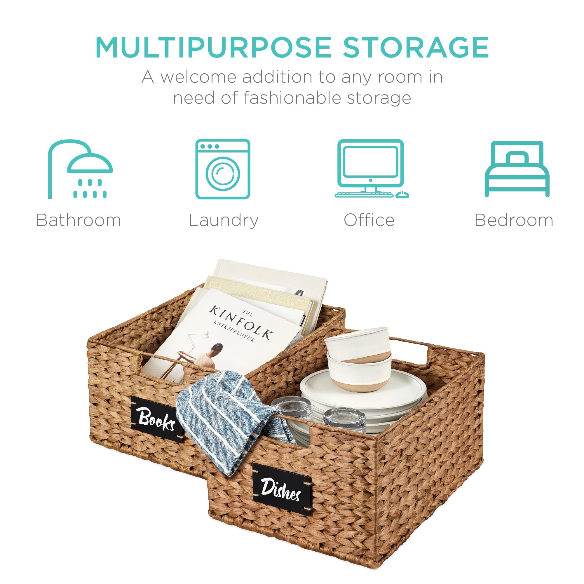 Set of 2 Water Hyacinth Pantry Baskets w/ Chalkboard, Marker - 16in