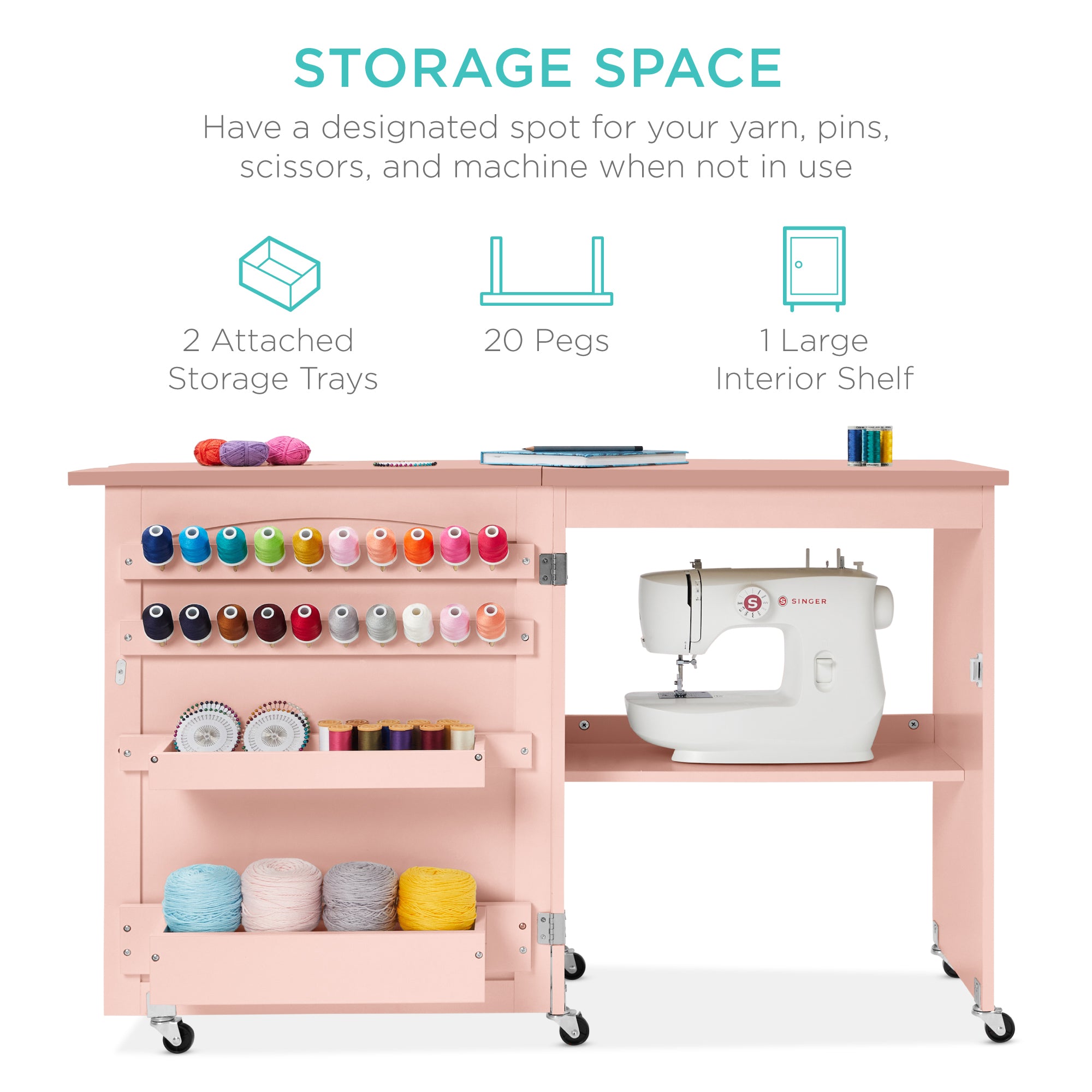 Folding Sewing Table Multipurpose Craft Station & Side Table w/ Wheels