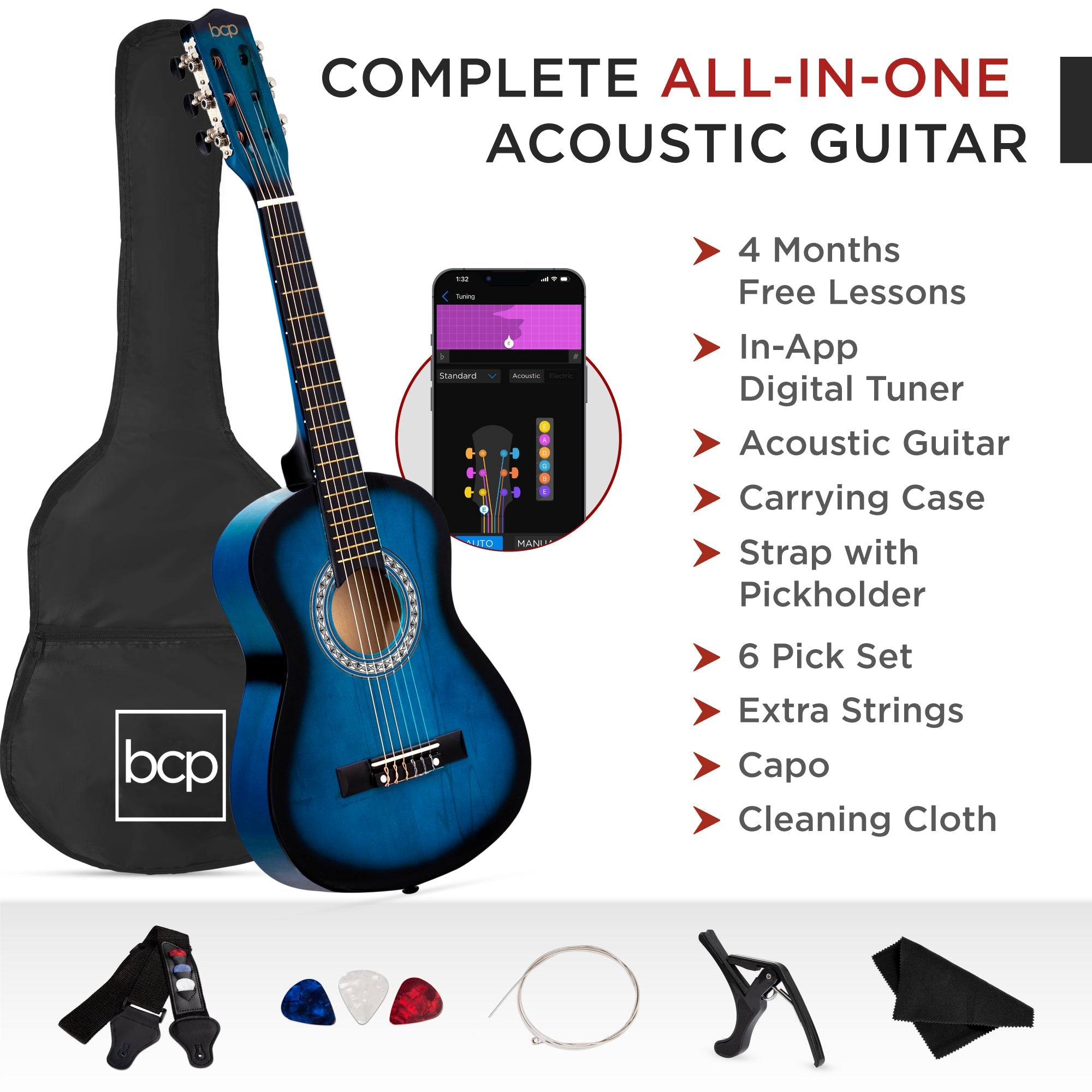 Beginner Acoustic Guitar Set w/ Case, Strap, Extra Strings - 38in