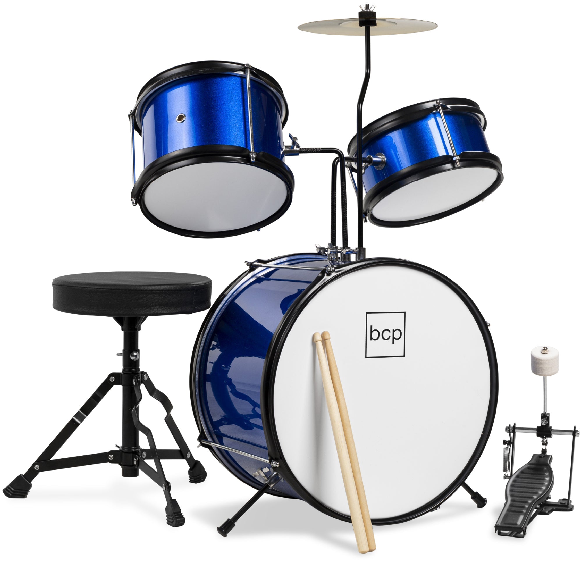Kids Beginner 3-Piece Drum, Musical Instrument Set w/ Sticks, Stool, Pedal
