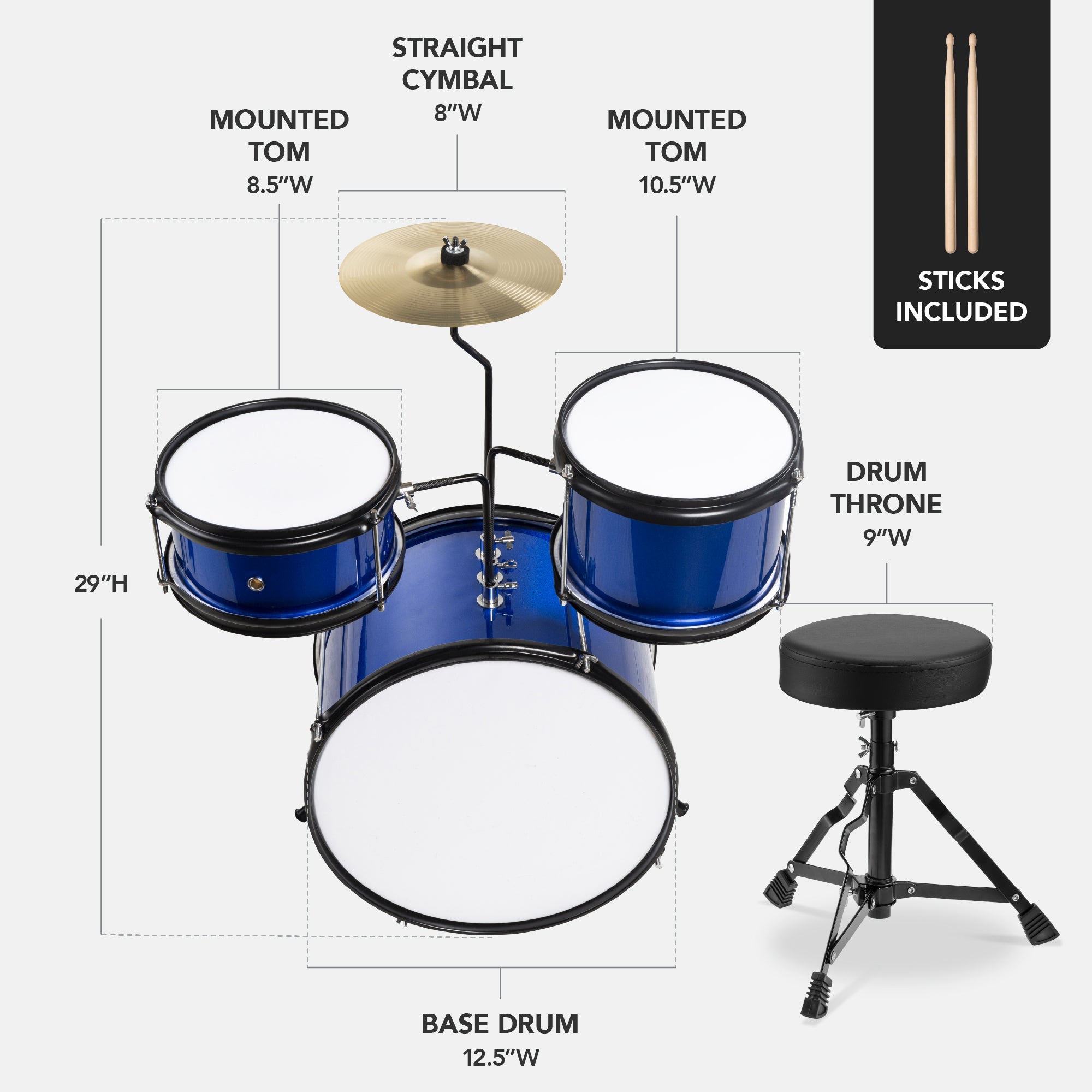 Kids Beginner 3-Piece Drum, Musical Instrument Set w/ Sticks, Stool, Pedal