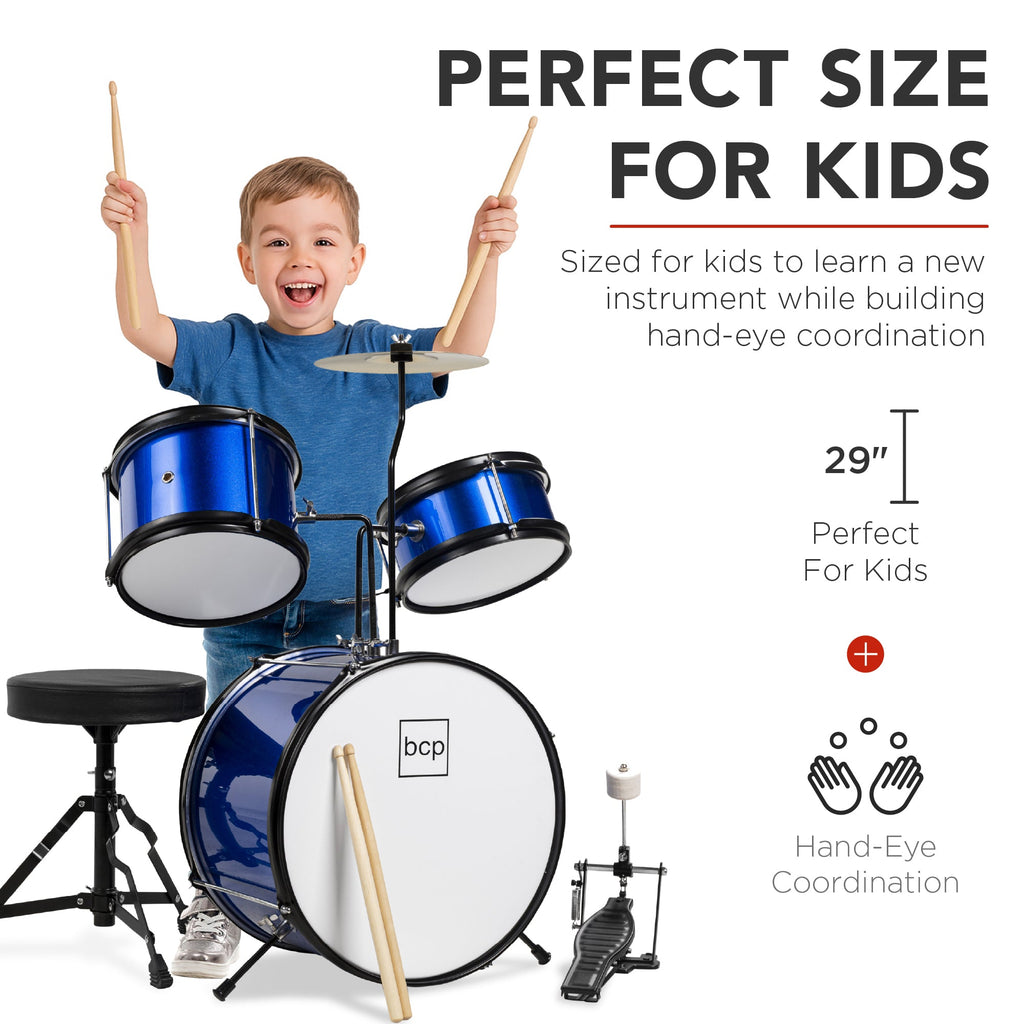 Kids Beginner 3-Piece Drum, Musical Instrument Set w/ Sticks, Stool, Pedal