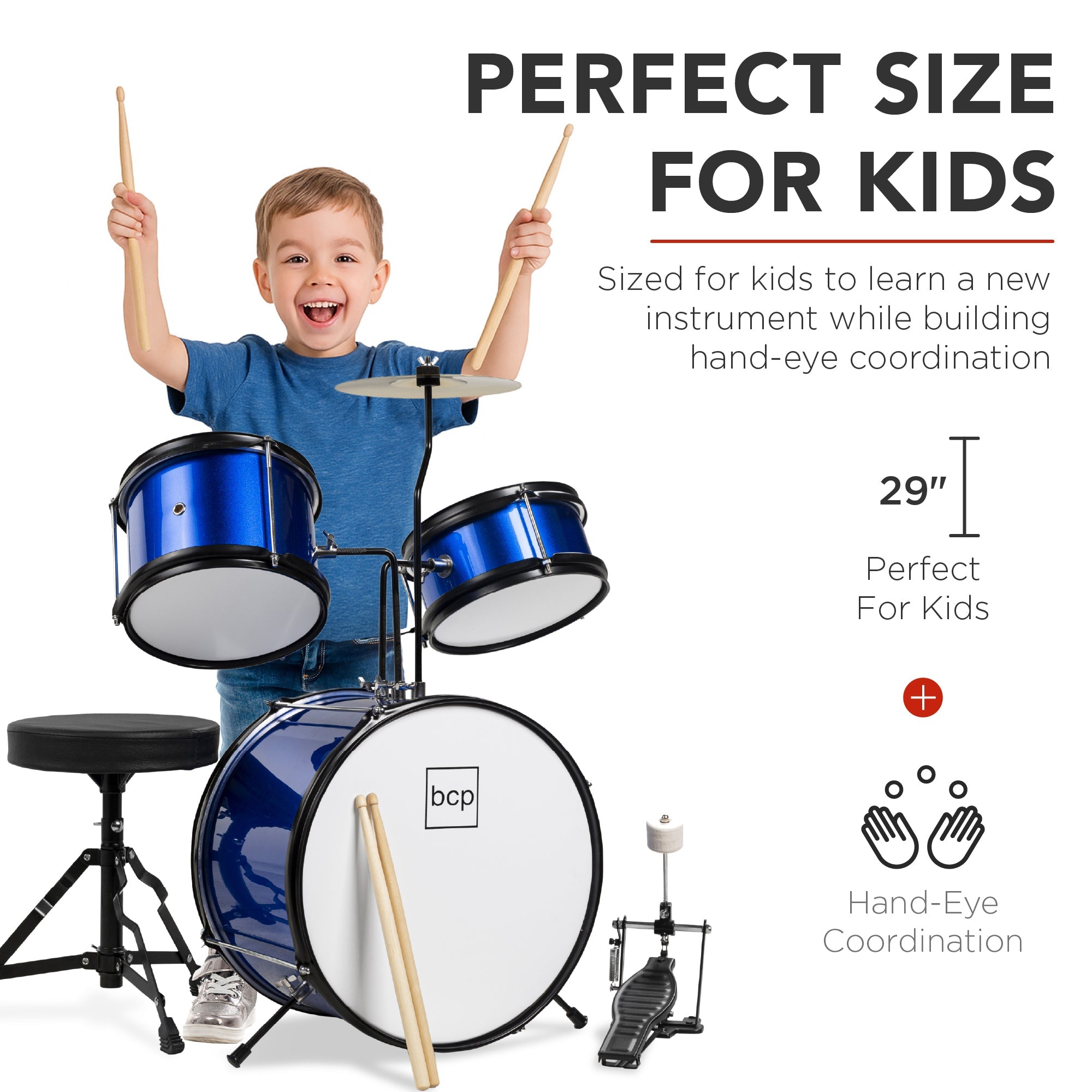 Kids Beginner 3-Piece Drum, Musical Instrument Set w/ Sticks, Stool, Pedal