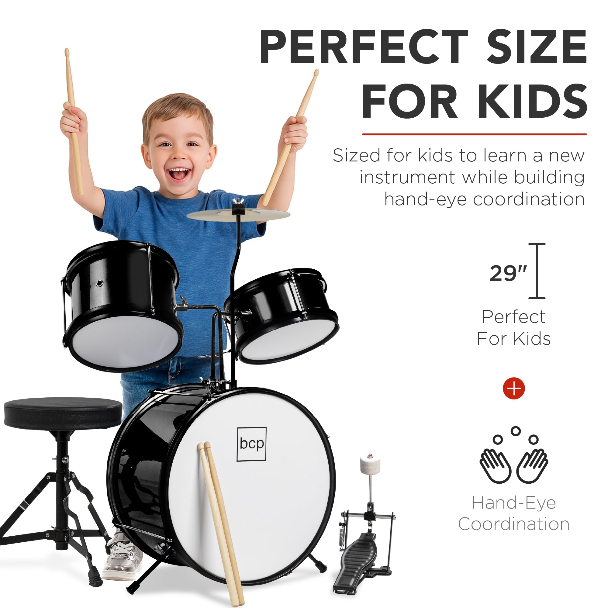 Kids Beginner 3-Piece Drum, Musical Instrument Set w/ Sticks, Stool, Pedal