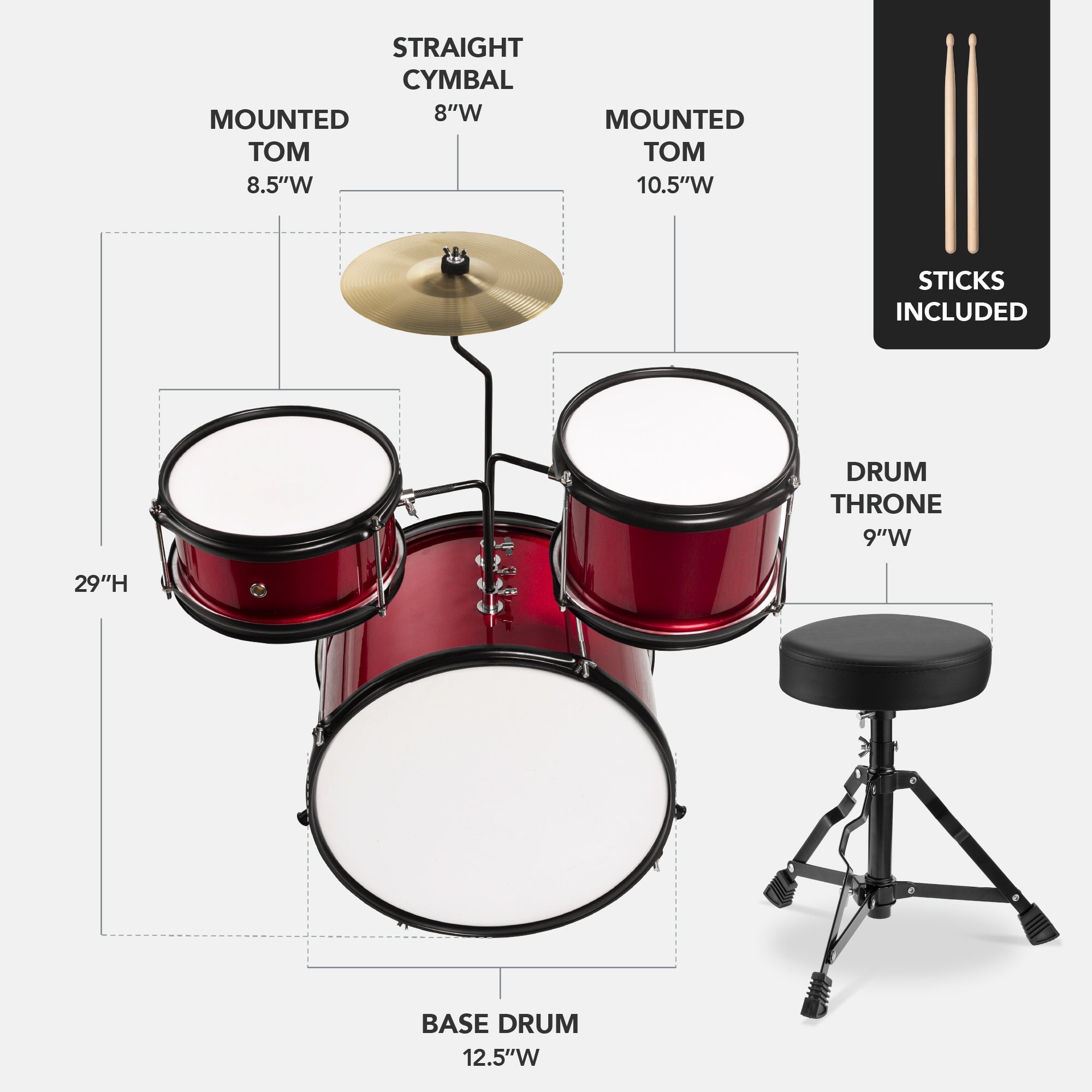 Kids Beginner 3-Piece Drum, Musical Instrument Set w/ Sticks, Stool, Pedal