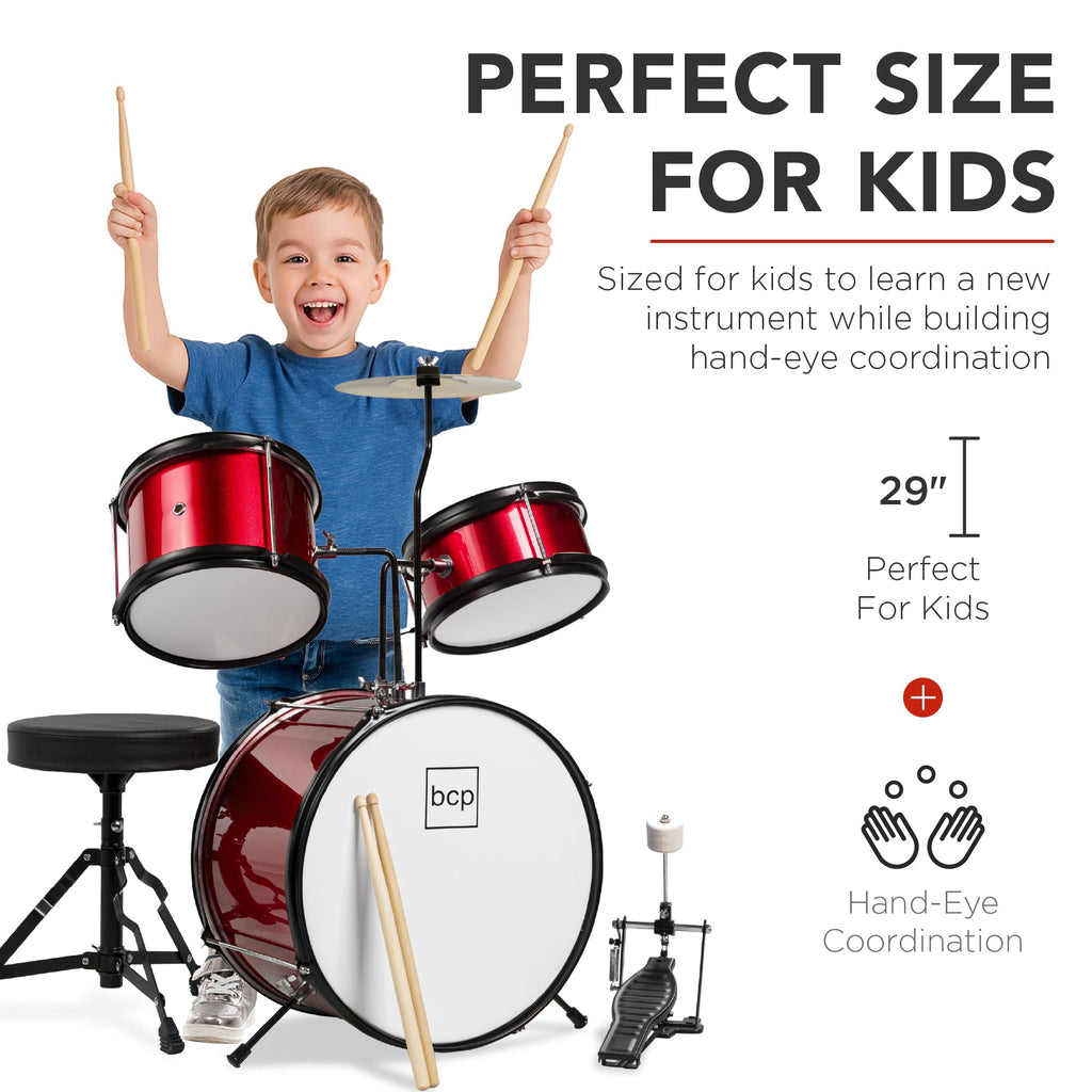 Kids Beginner 3-Piece Drum, Musical Instrument Set w/ Sticks, Stool, Pedal