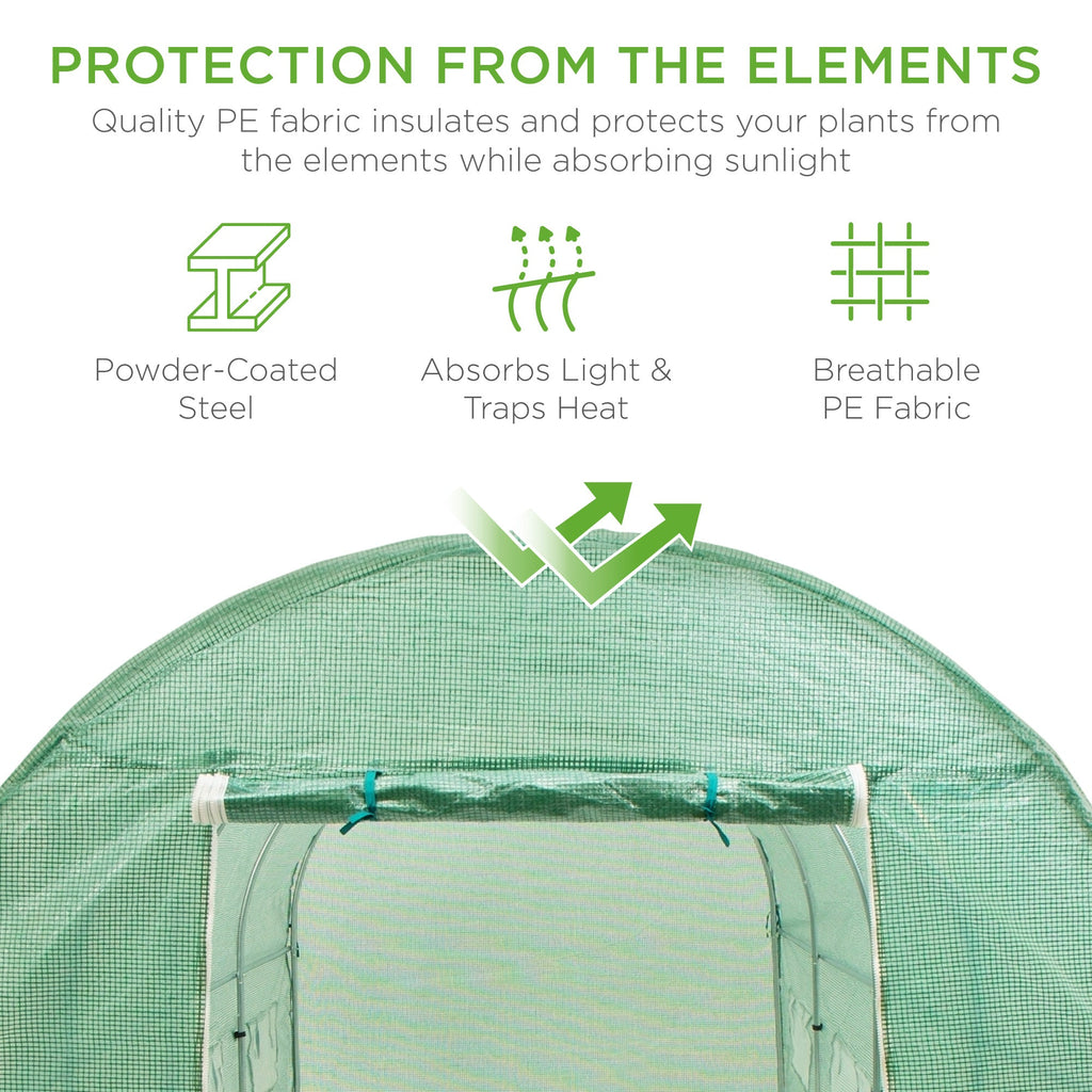 Walk-In Greenhouse Tunnel Tent w/ Roll-Up Windows, Zippered Door - 15x7x7ft