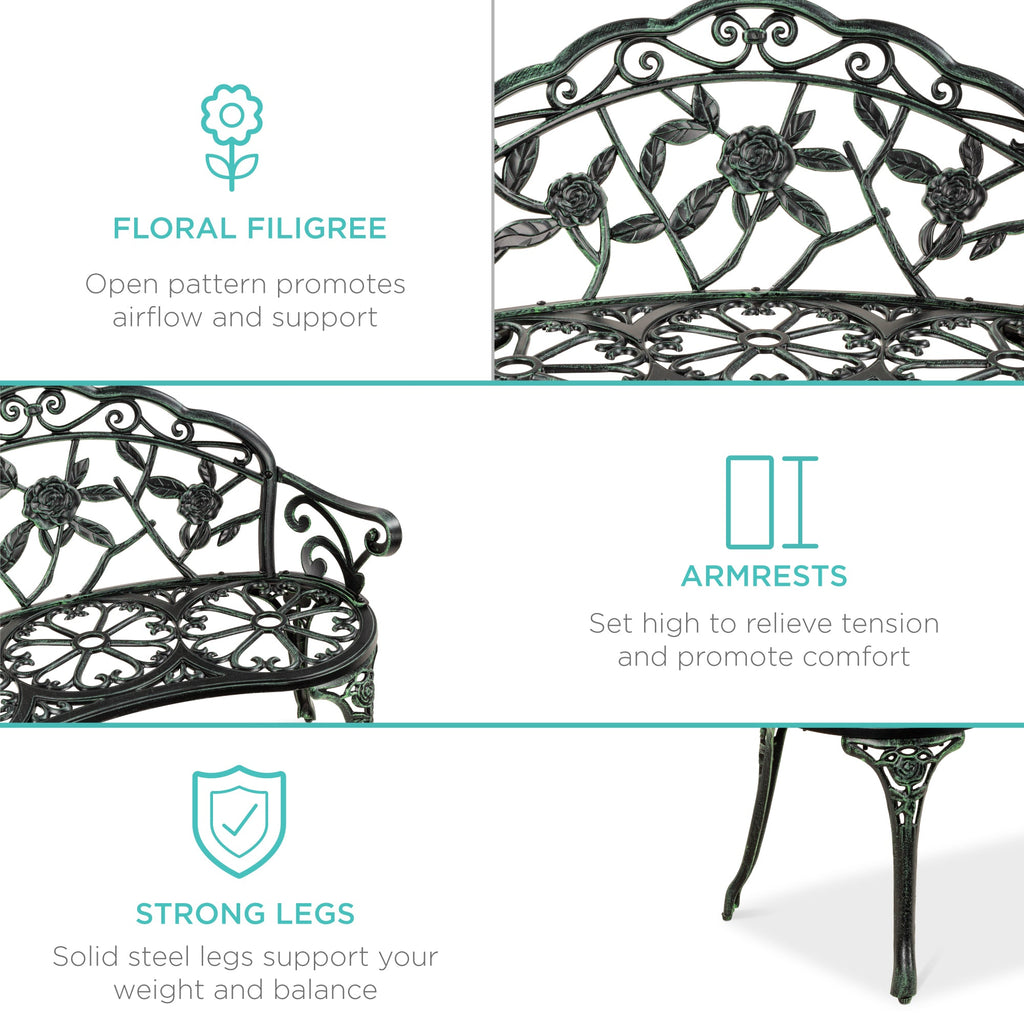 Steel Garden Bench Outdoor Patio Furniture w/ Floral Rose Accent  - 39in