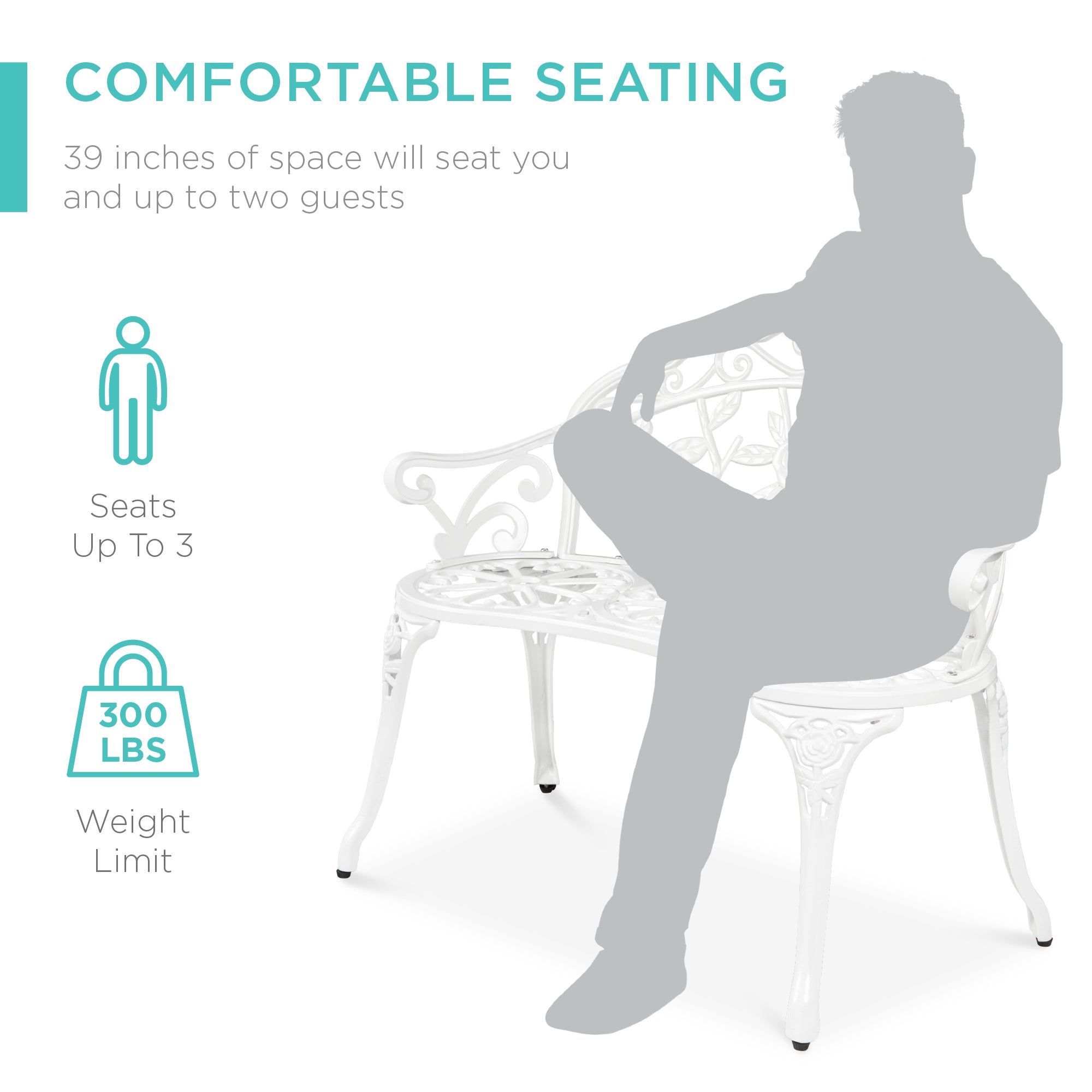 Steel Garden Bench Outdoor Patio Furniture w/ Floral Rose Accent  - 39in