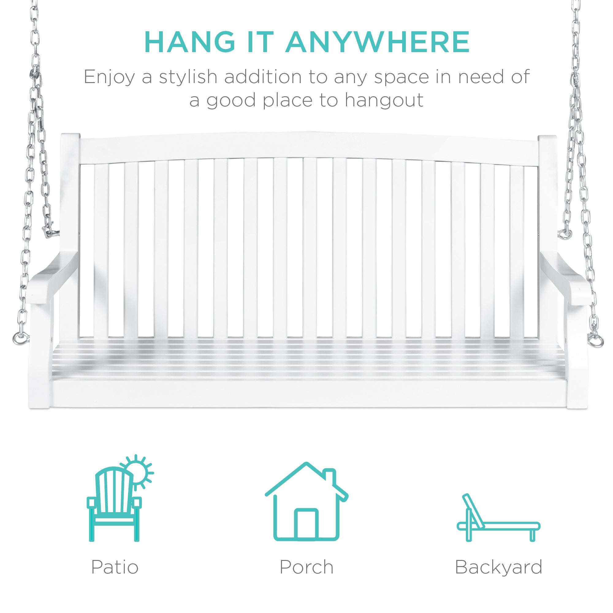 Wooden Curved Back Hanging Porch Swing Bench w/ Mounting Chains - 48in