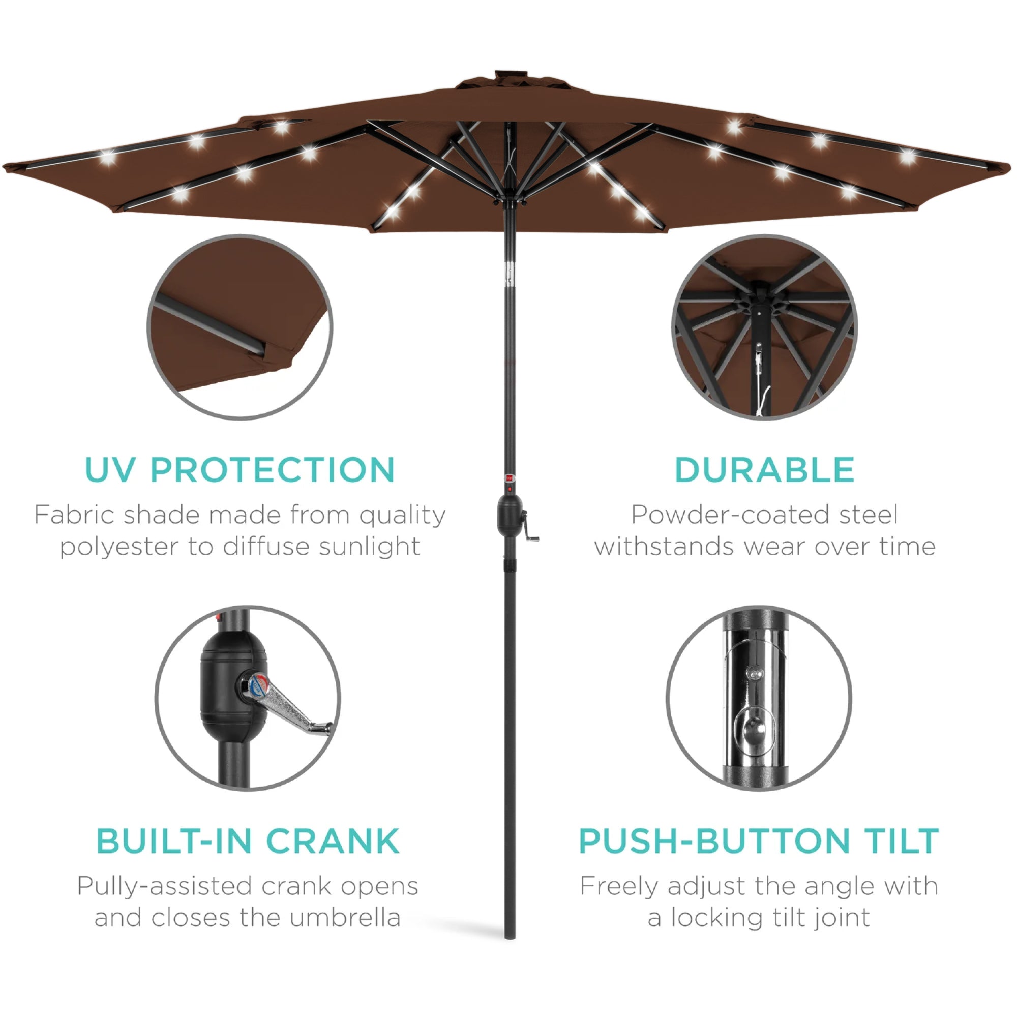 Solar LED Lighted Patio Umbrella w/ Tilt Adjustment, UV-Resistant - 10ft