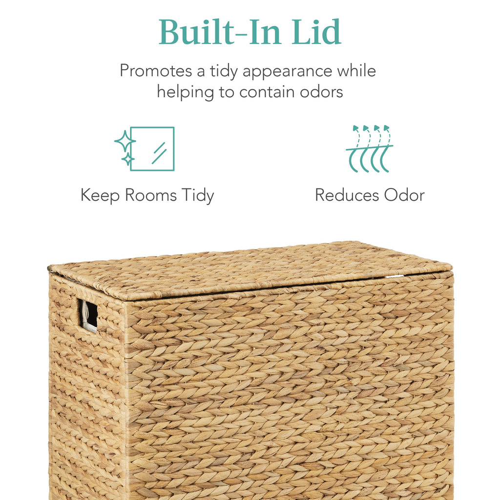 Large Water Hyacinth Double Laundry Hamper Basket w/ 2 Liner Bags