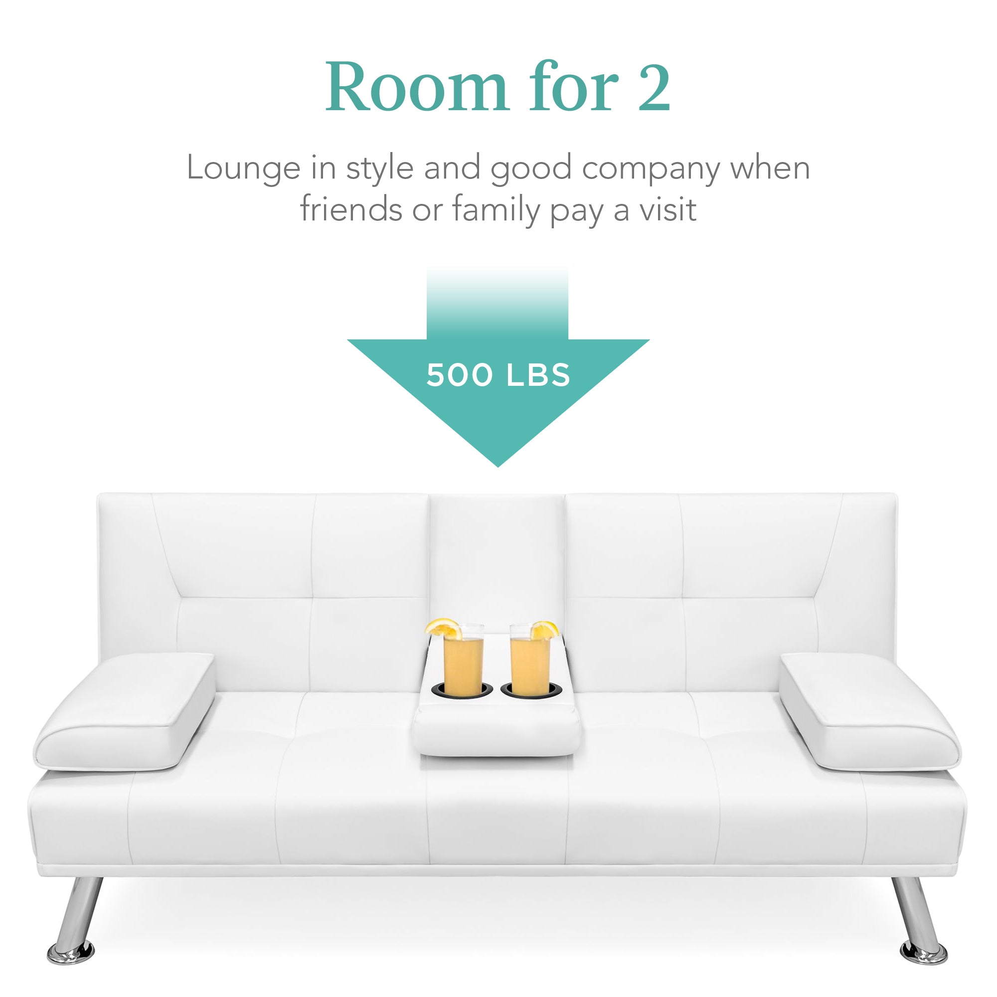 Faux Leather Upholstered Convertible Sofa Bed Futon w/ 2 Cupholders