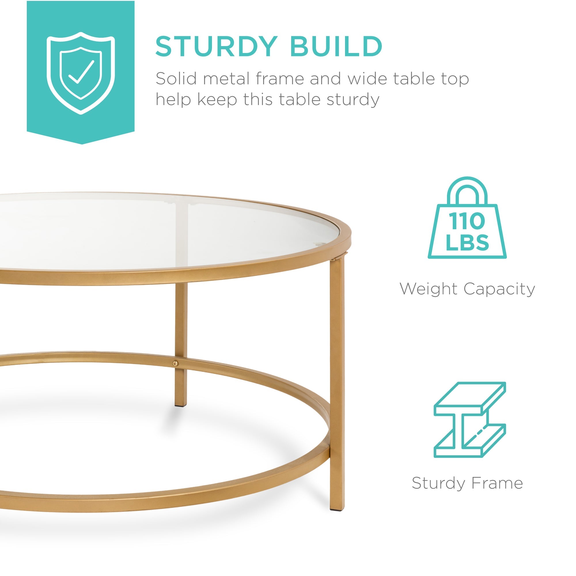 Round Tempered Glass Coffee Table w/ Steel Frame - 36in