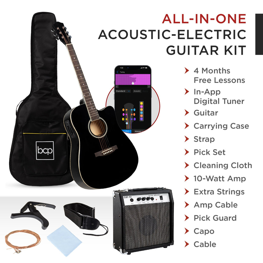 Beginner Acoustic Electric Cutaway Guitar Set w/ Gig Bag, Strap - 41in