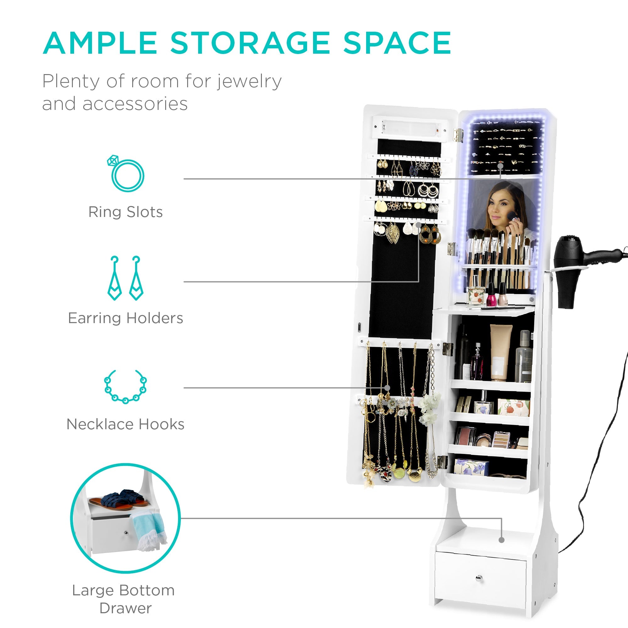Standing Full Length LED Mirror Jewelry Armoire w/Interior & Exterior Lights