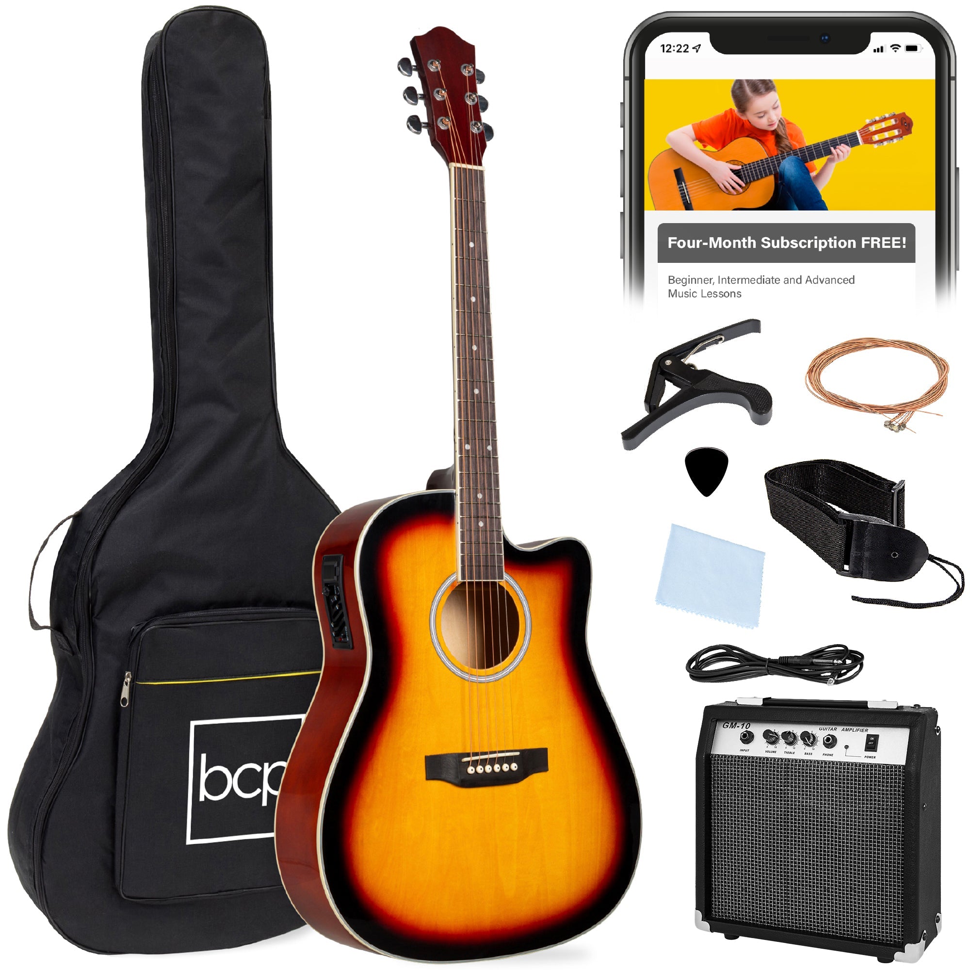 Beginner Acoustic Electric Cutaway Guitar Set w/ Gig Bag, Strap - 41in