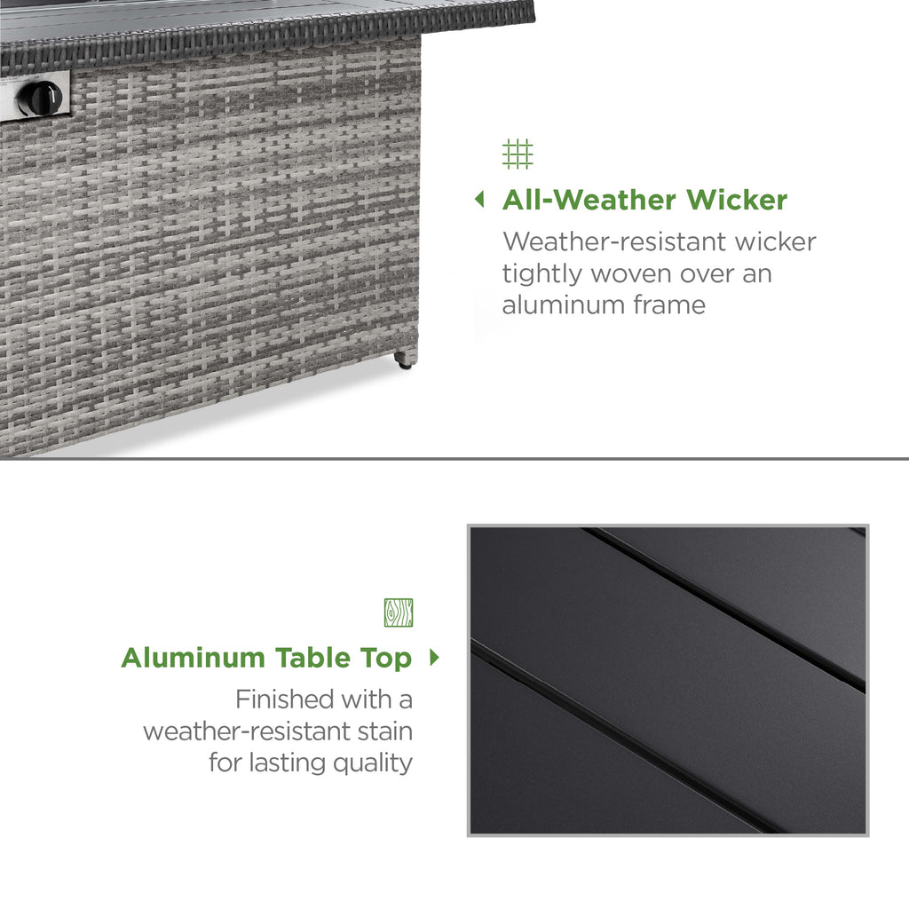 Wicker Propane Fire Pit Table, 50,000 BTU w/ Glass Wind Guard, Cover - 52in