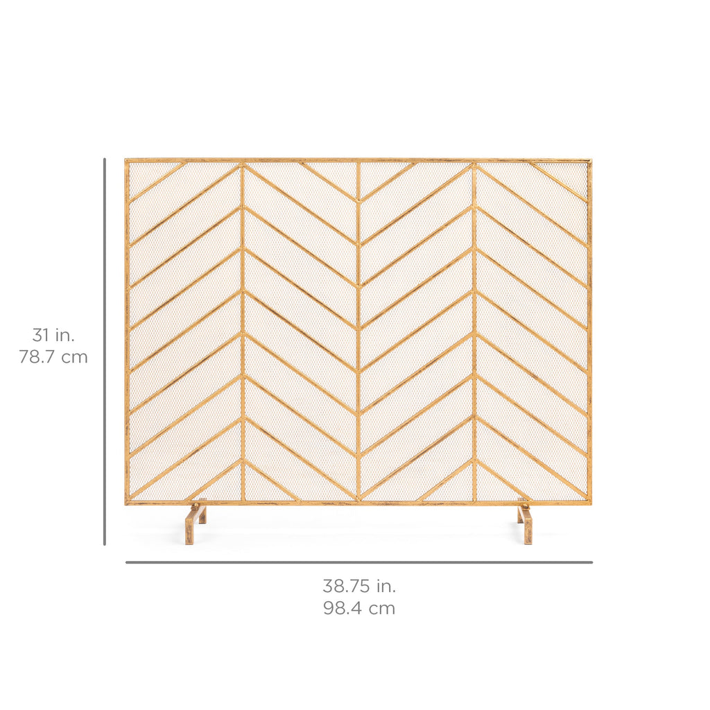 Single Panel Iron Chevron Fireplace Screen w/ Antique Finish - 38x31in