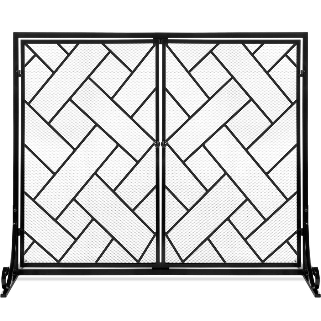 2-Panel Wrought Iron Geometric Fireplace Screen w/ Magnetic Doors - 44x33in