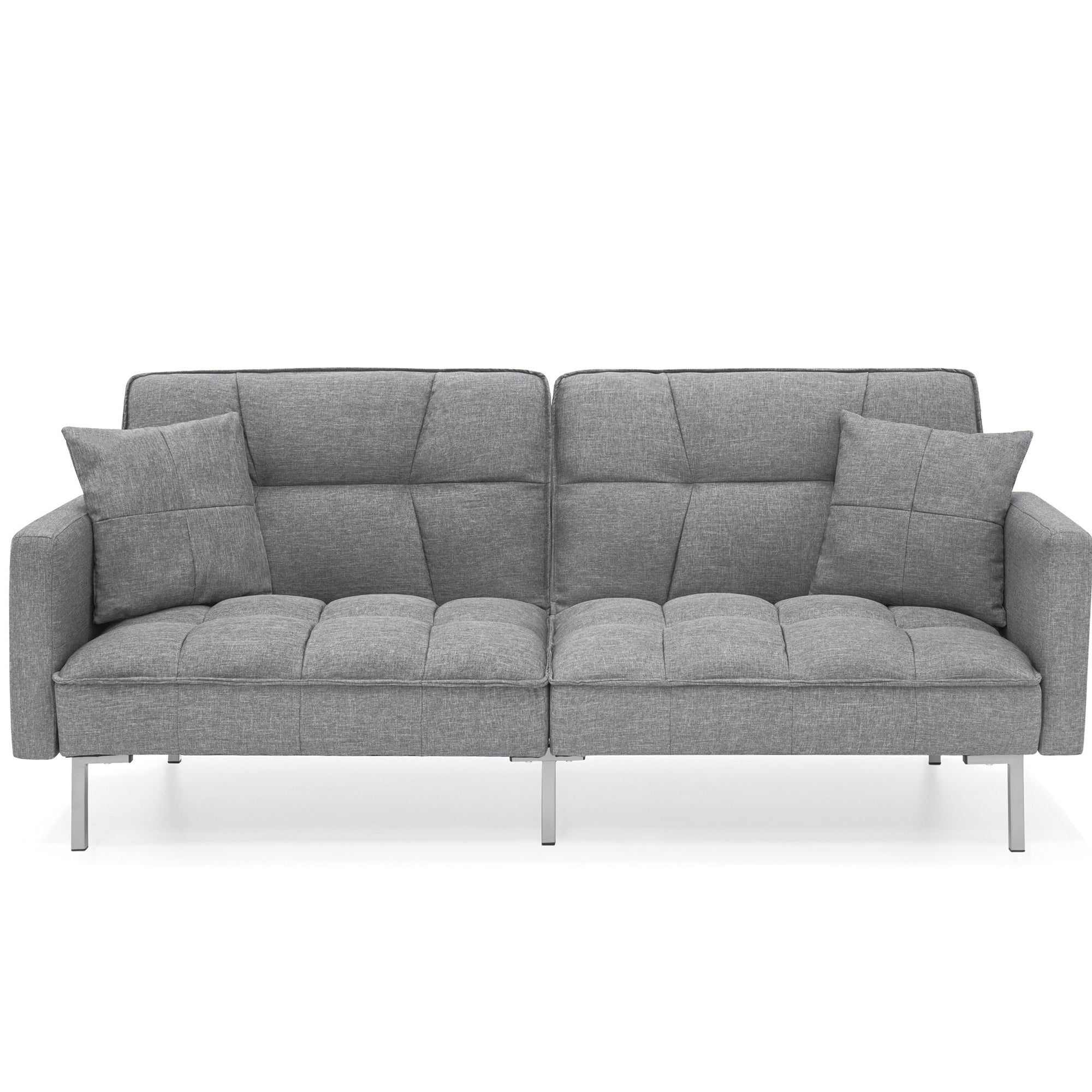 Convertible Linen Tufted Futon w/ 2 Plush Pillows, Split-Back Design