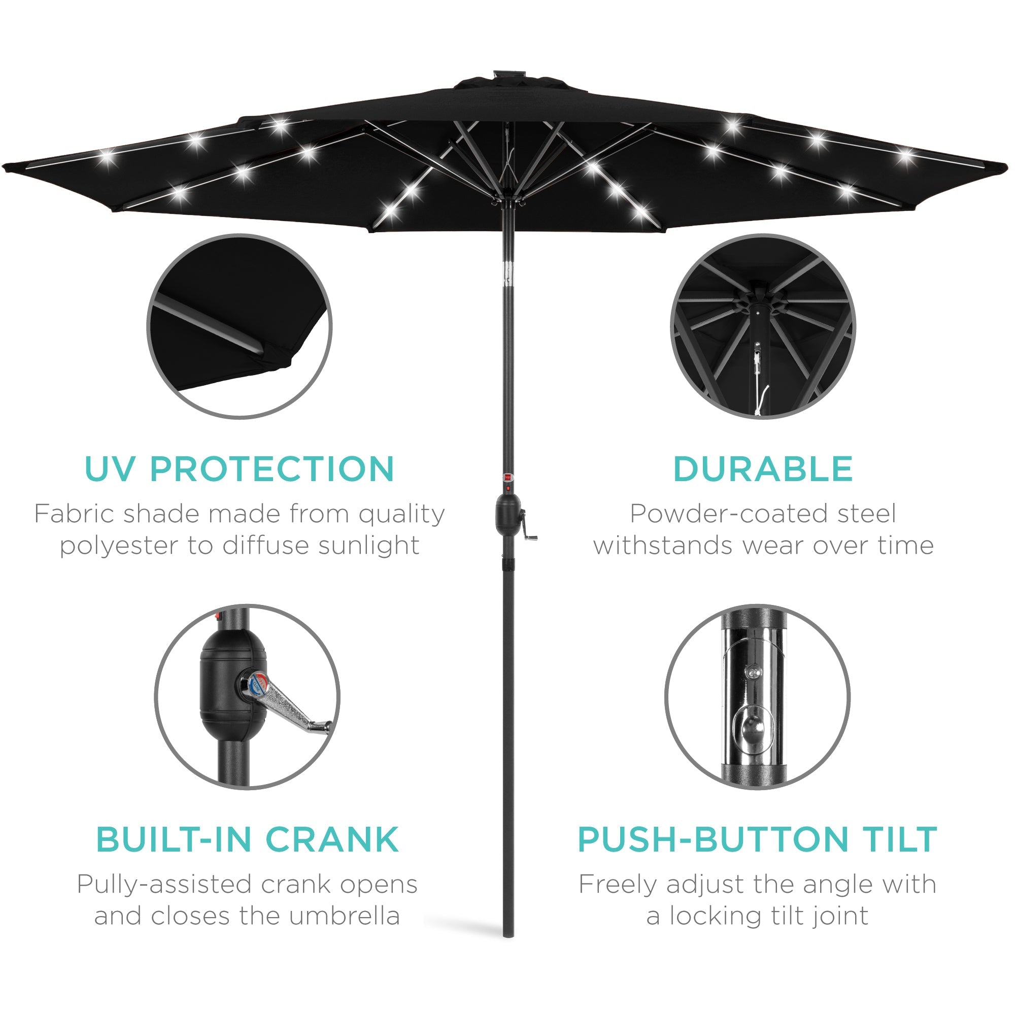 Solar LED Lighted Patio Umbrella w/ Tilt Adjustment, UV-Resistant - 10ft