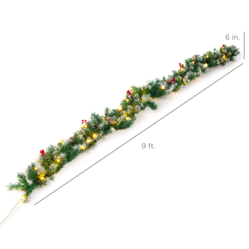 9ft Pre-Lit Christmas Garland w/ 50 Lights, Pine Cones, Berries
