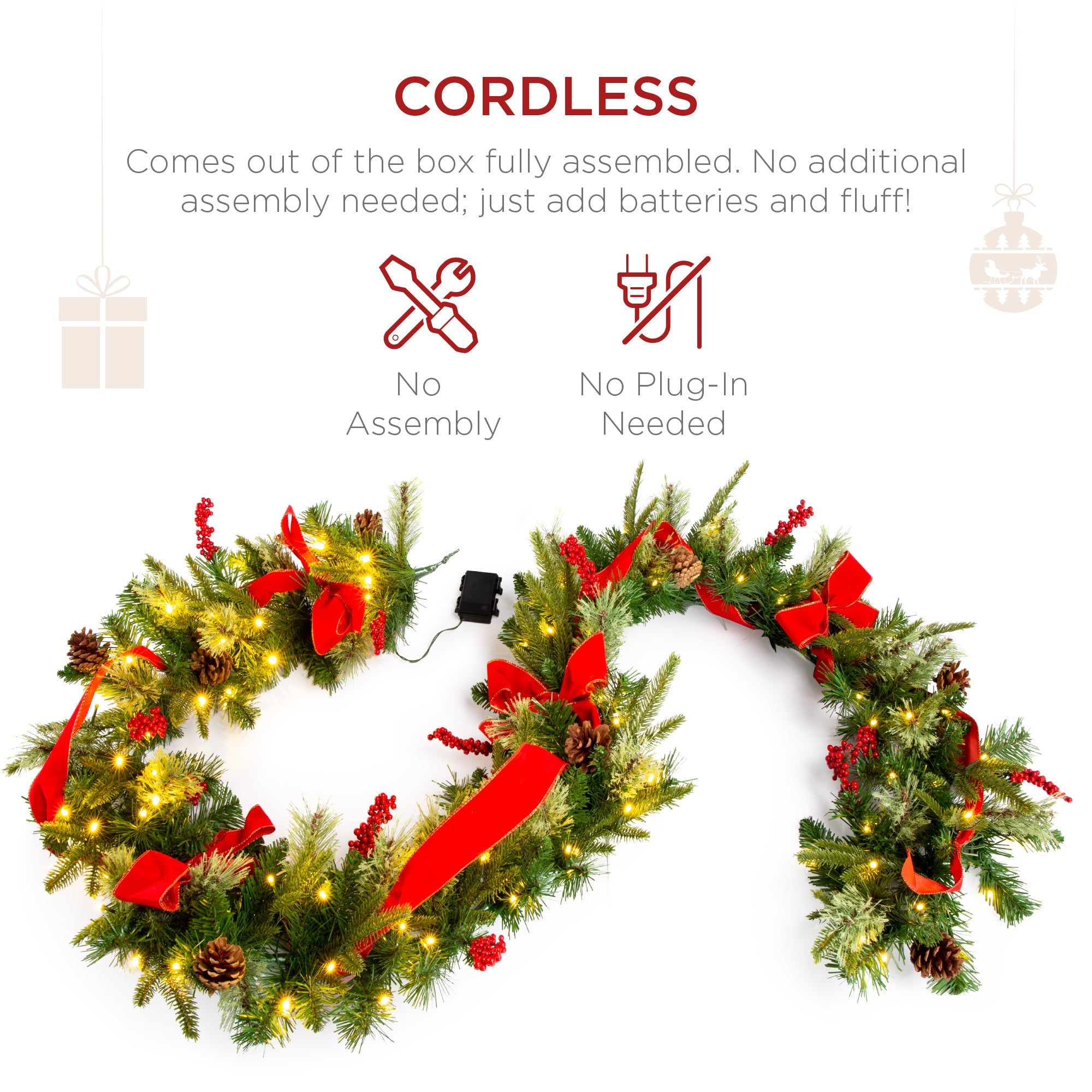 9ft Pre-Lit Christmas Garland w/ 50 Lights, Pine Cones, Berries