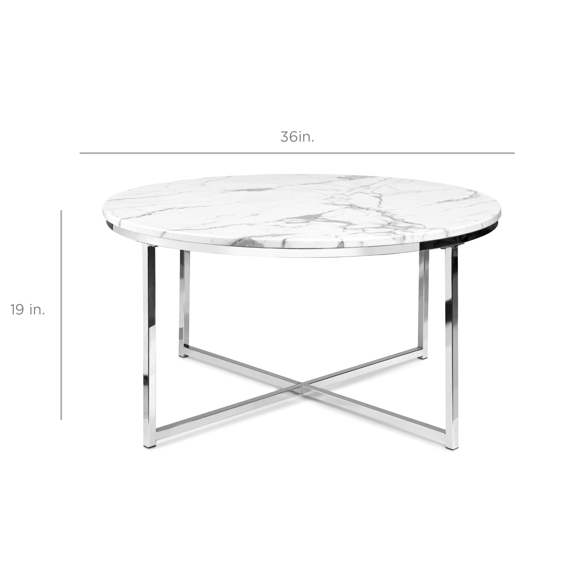 Round Coffee Table w/ Faux Marble Top, Metal Frame - 36in