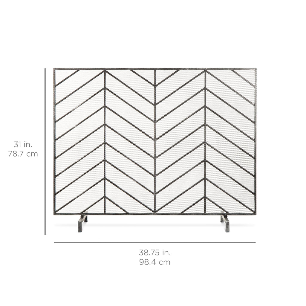 Single Panel Iron Chevron Fireplace Screen w/ Antique Finish - 38x31in