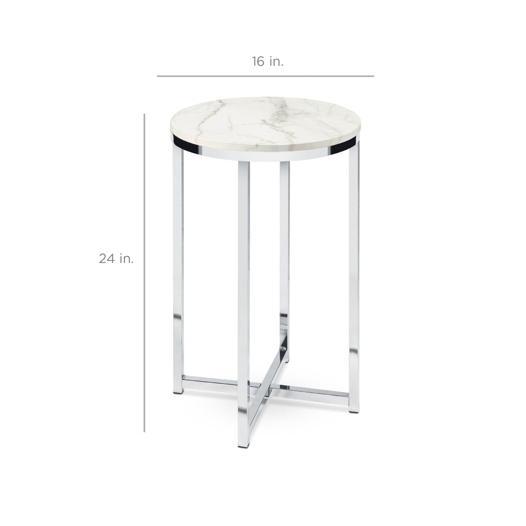 Round Coffee Side Table w/ Faux Marble Top, Metal Frame - 16in