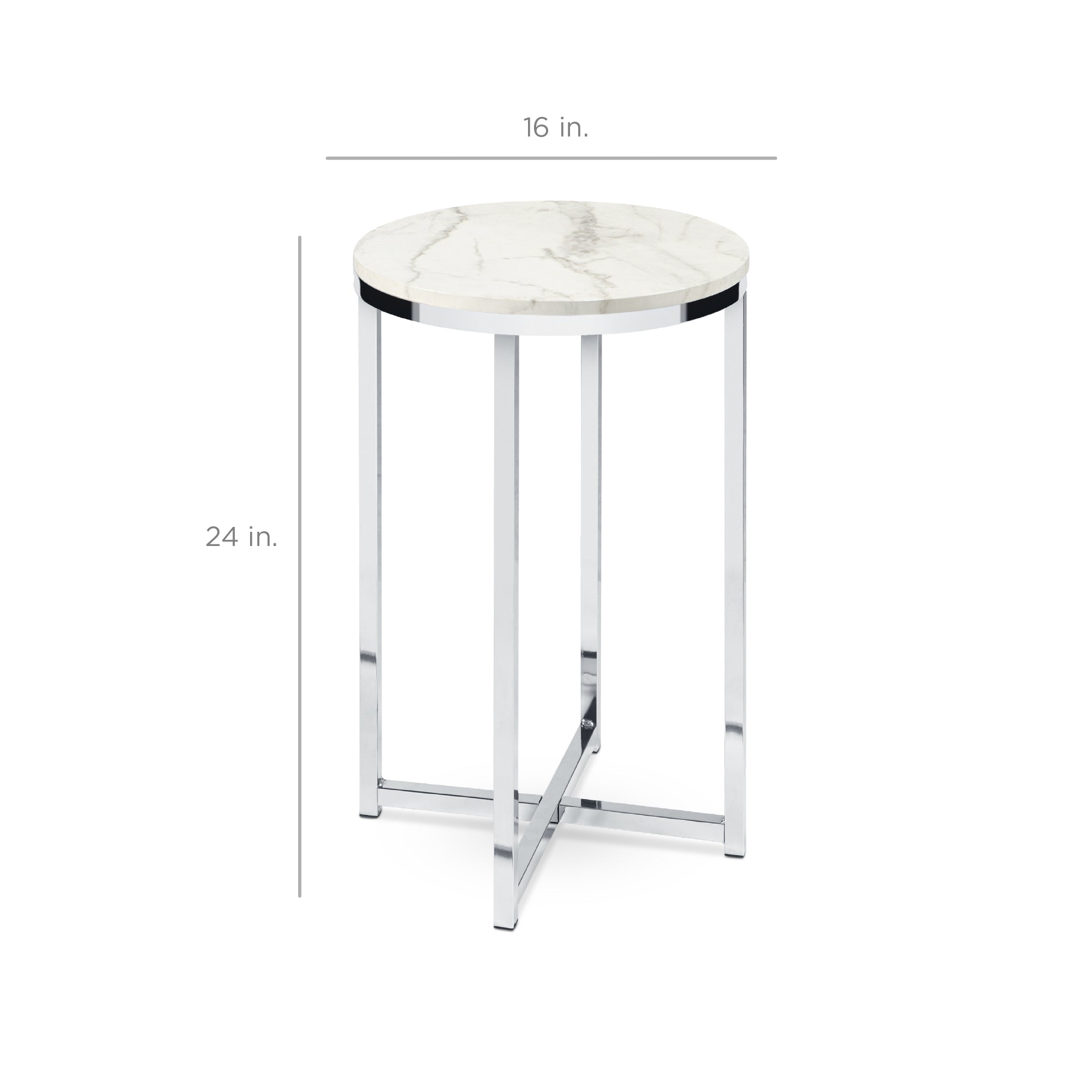 Round Coffee Side Table w/ Faux Marble Top, Metal Frame - 16in