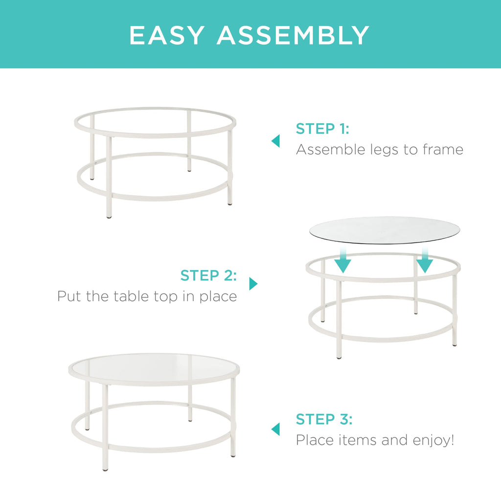 Round Tempered Glass Coffee Table w/ Steel Frame - 36in