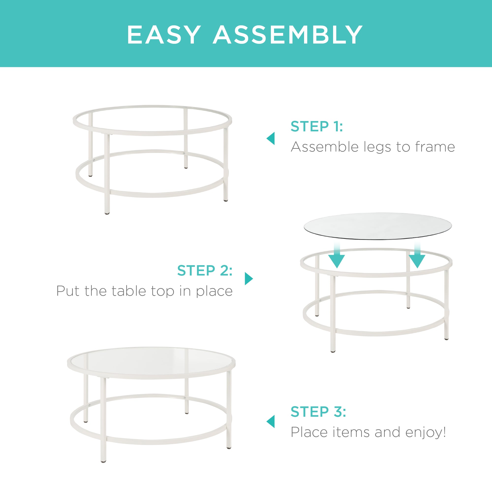 Round Tempered Glass Coffee Table w/ Steel Frame - 36in