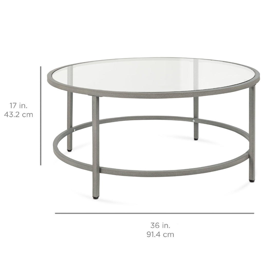 Round Tempered Glass Coffee Table w/ Steel Frame - 36in