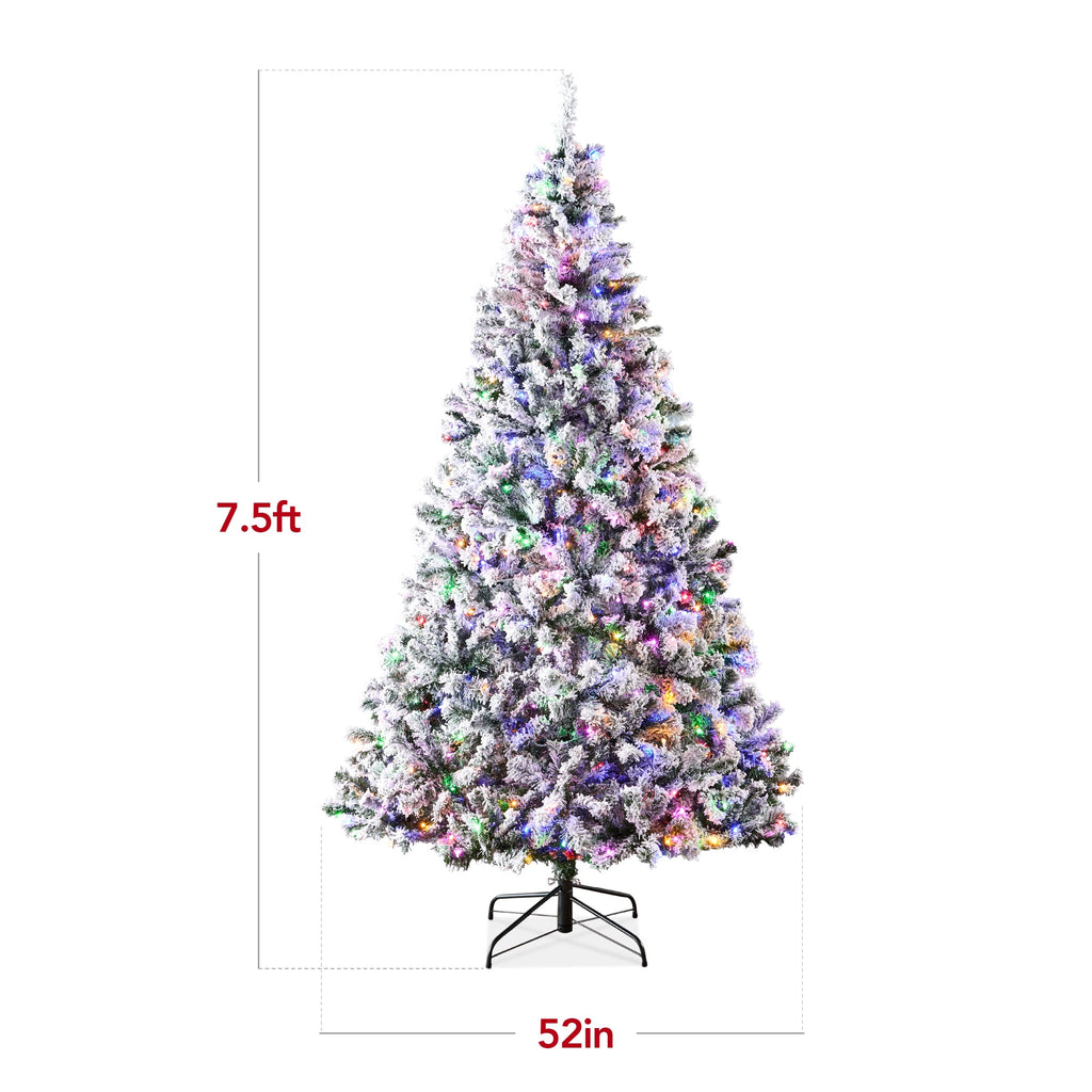 Pre-Lit Snow Flocked Artificial Pine Christmas Tree w/ Multicolored Lights